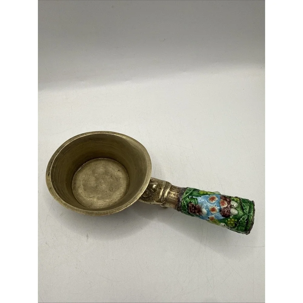 Vintage 1960's Brass Chinese Silk Iron With Enamel Cloisonné Handle Scoop